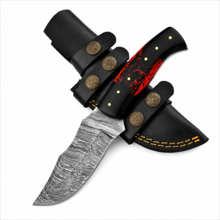 Damascus Steel Fixed Blade Skinner Hunting Knives Black & Red Resin Handle OEM Camping Outdoor Knife With Scout Carry Sheath